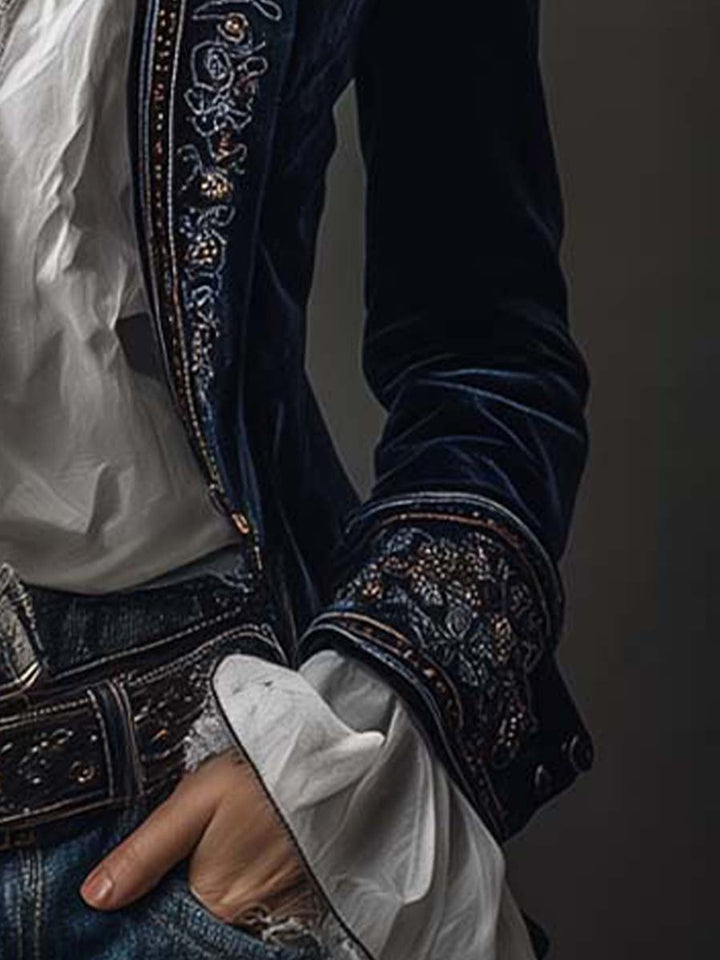 Federica | Long Vintage Velvet Jacket with Embroidery