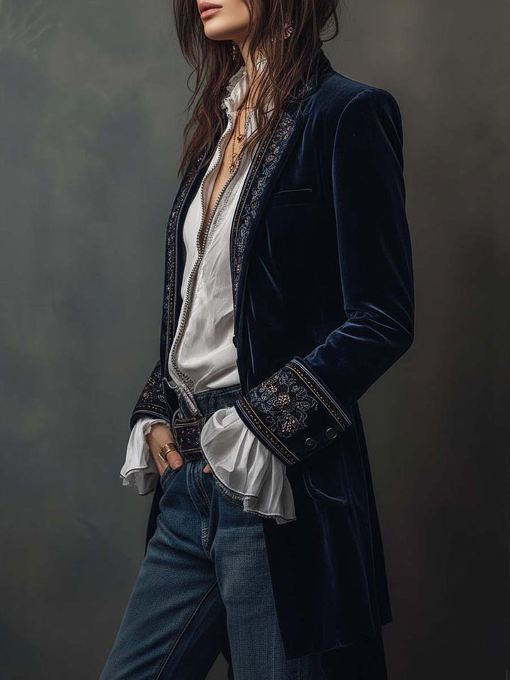 Federica | Long Vintage Velvet Jacket with Embroidery