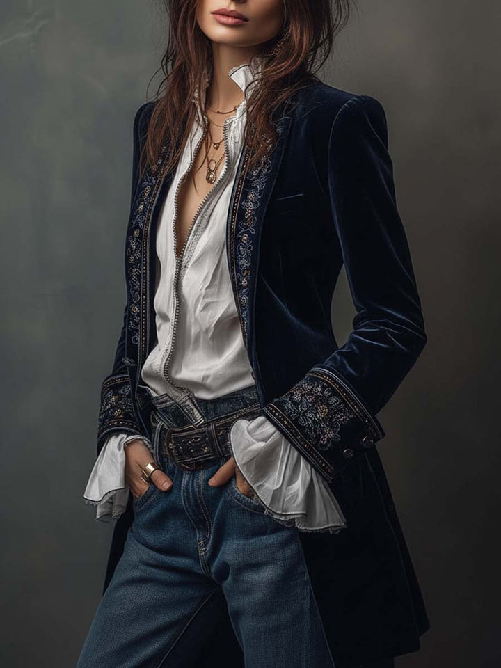 Federica | Long Vintage Velvet Jacket with Embroidery