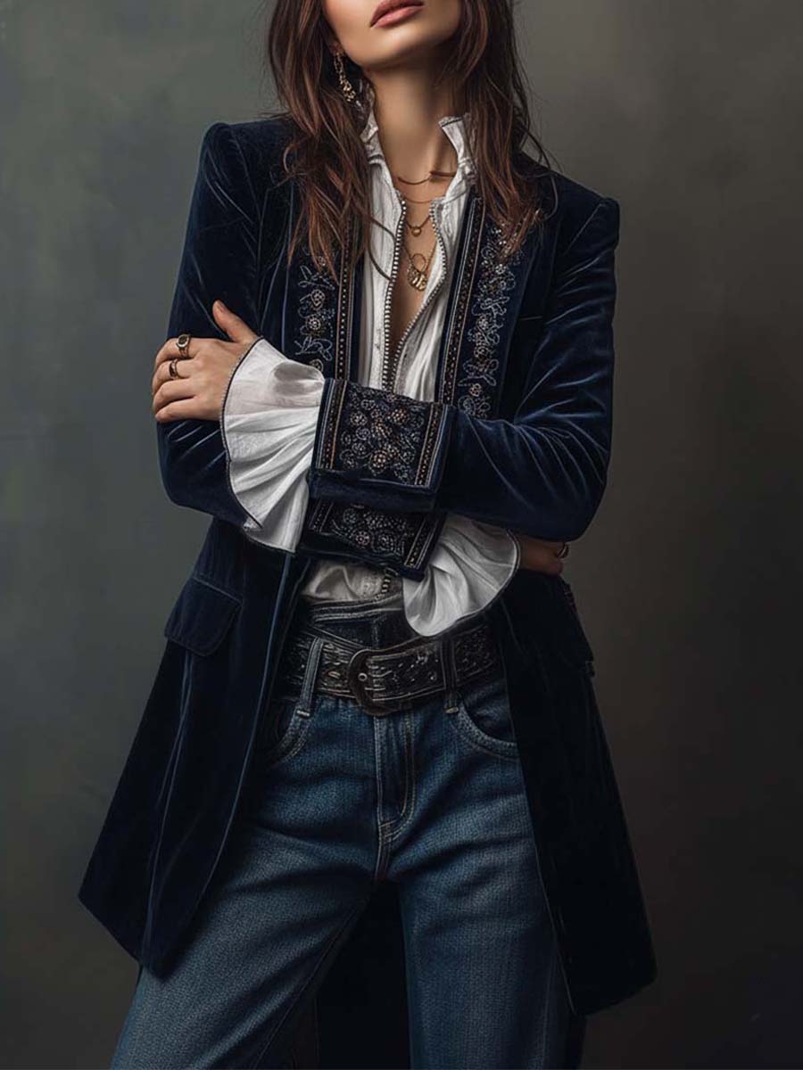 Federica | Long Vintage Velvet Jacket with Embroidery
