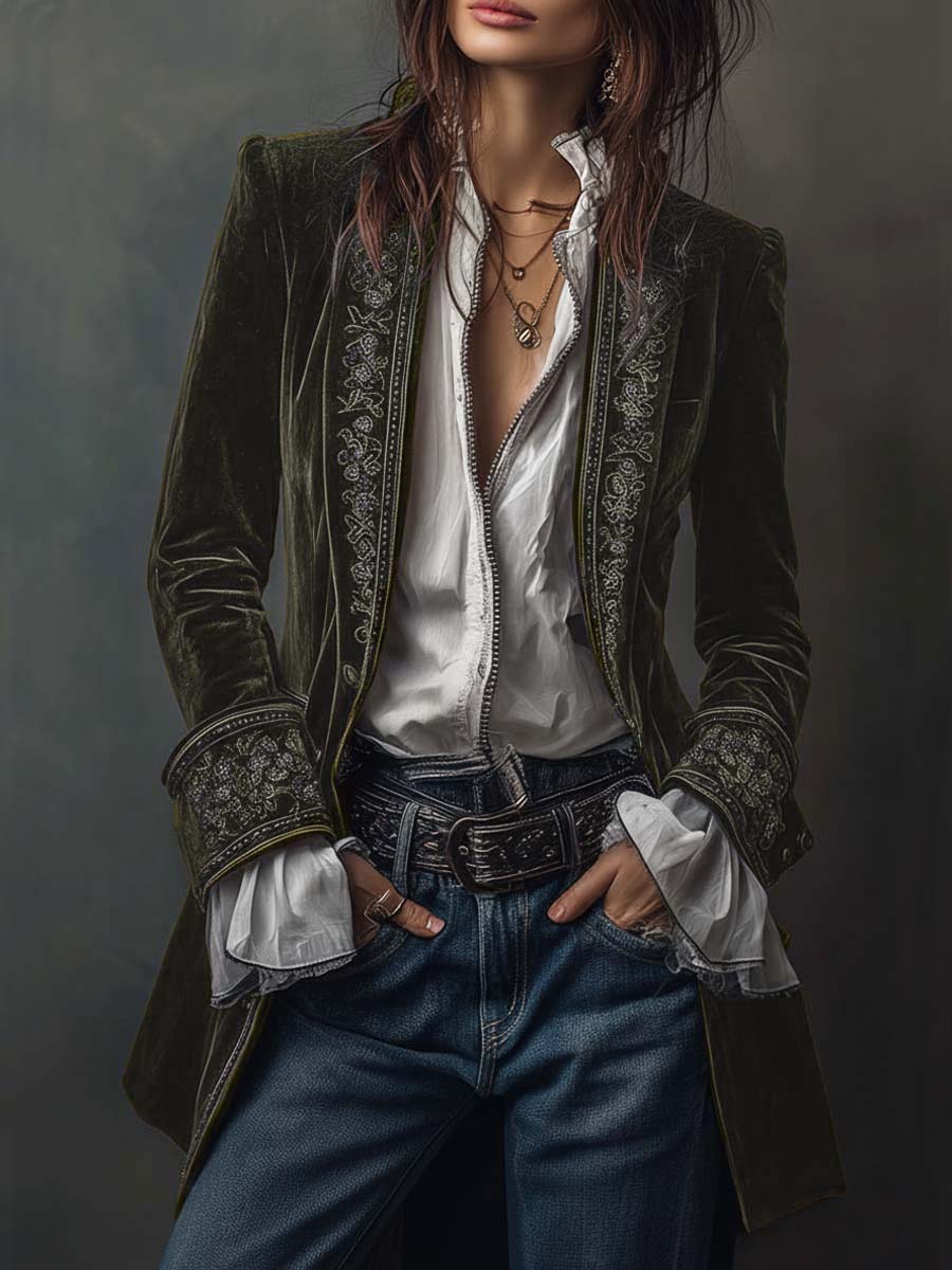 Federica | Long Vintage Velvet Jacket with Embroidery