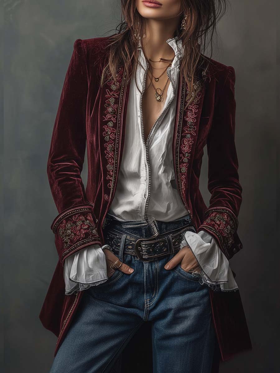 Federica | Long Vintage Velvet Jacket with Embroidery