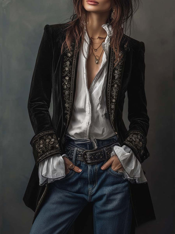 Federica | Long Vintage Velvet Jacket with Embroidery