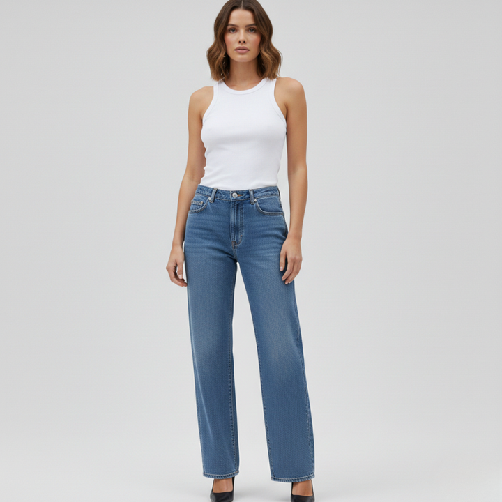 MICHELLE – LEATHER POCKET WIDE-LEG JEANS