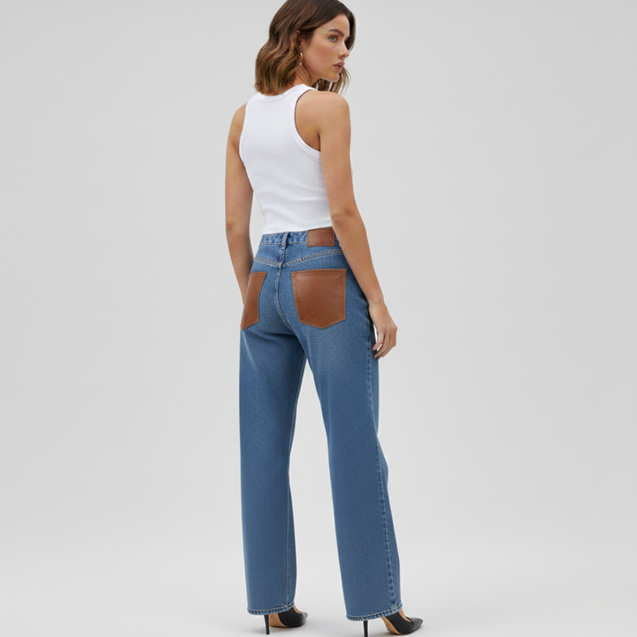 MICHELLE – LEATHER POCKET WIDE-LEG JEANS