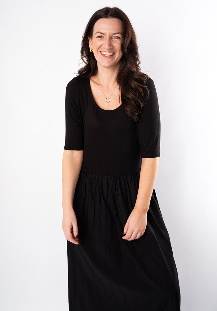 Vara Mixed Fabric Midi Dress (Black)