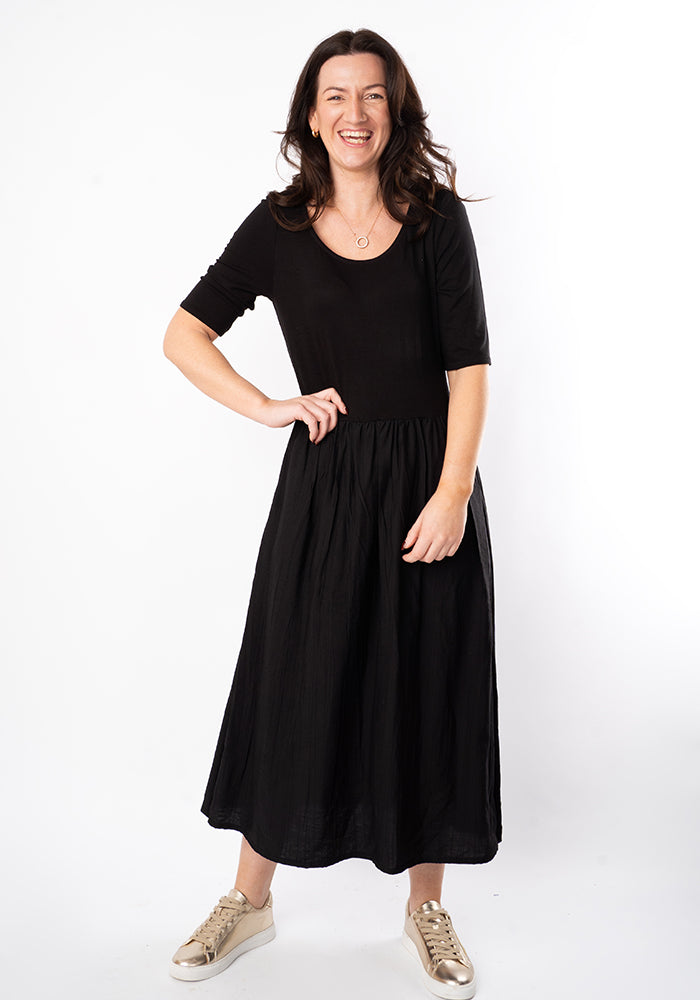 Vara Mixed Fabric Midi Dress (Black)