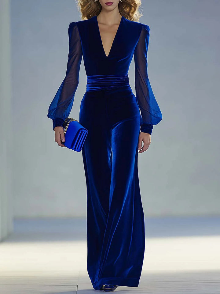Sabrina™ | Long Royal Velvet Jumpsuit with V-Neck and Sheer Long Sleeves