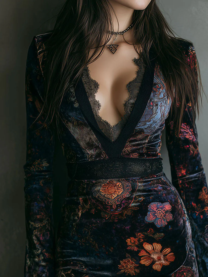 Lily | Lace-Trimmed Floral Velvet Mini Dress