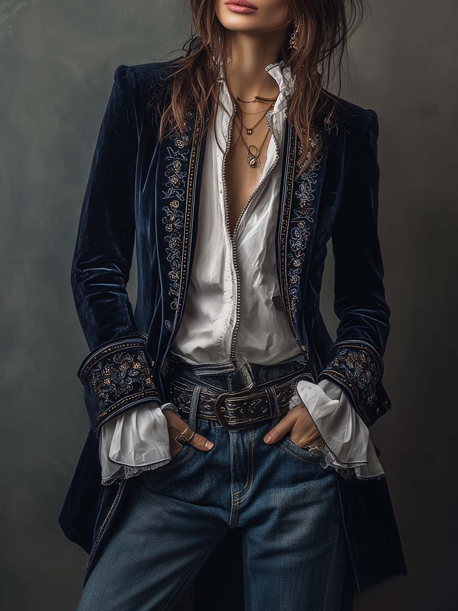 Federica | Long Vintage Velvet Jacket with Embroidery