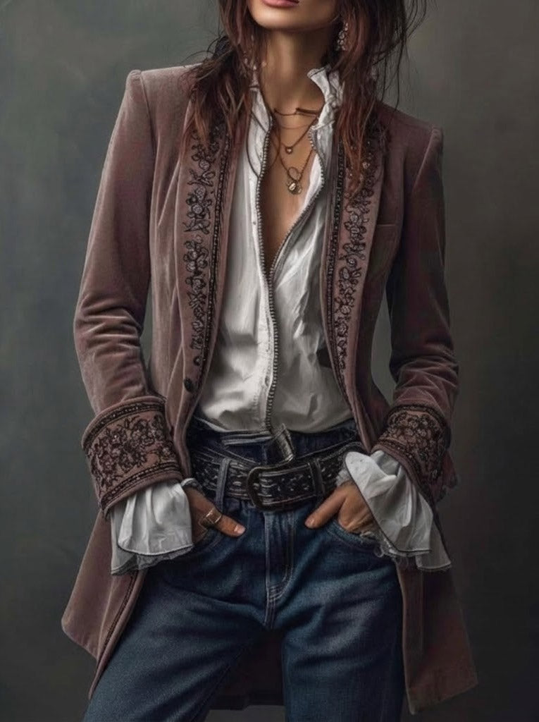 Federica | Long Vintage Velvet Jacket with Embroidery