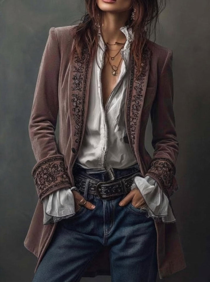 Federica | Long Vintage Velvet Jacket with Embroidery