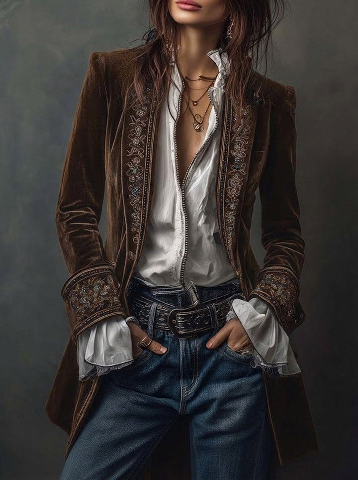 Federica | Long Vintage Velvet Jacket with Embroidery