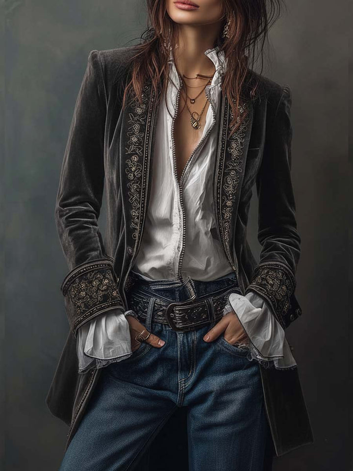 Federica | Long Vintage Velvet Jacket with Embroidery
