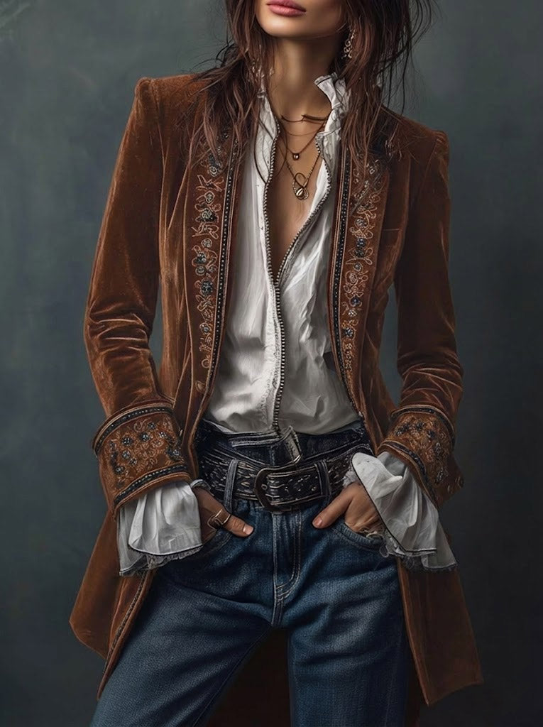 Federica | Long Vintage Velvet Jacket with Embroidery